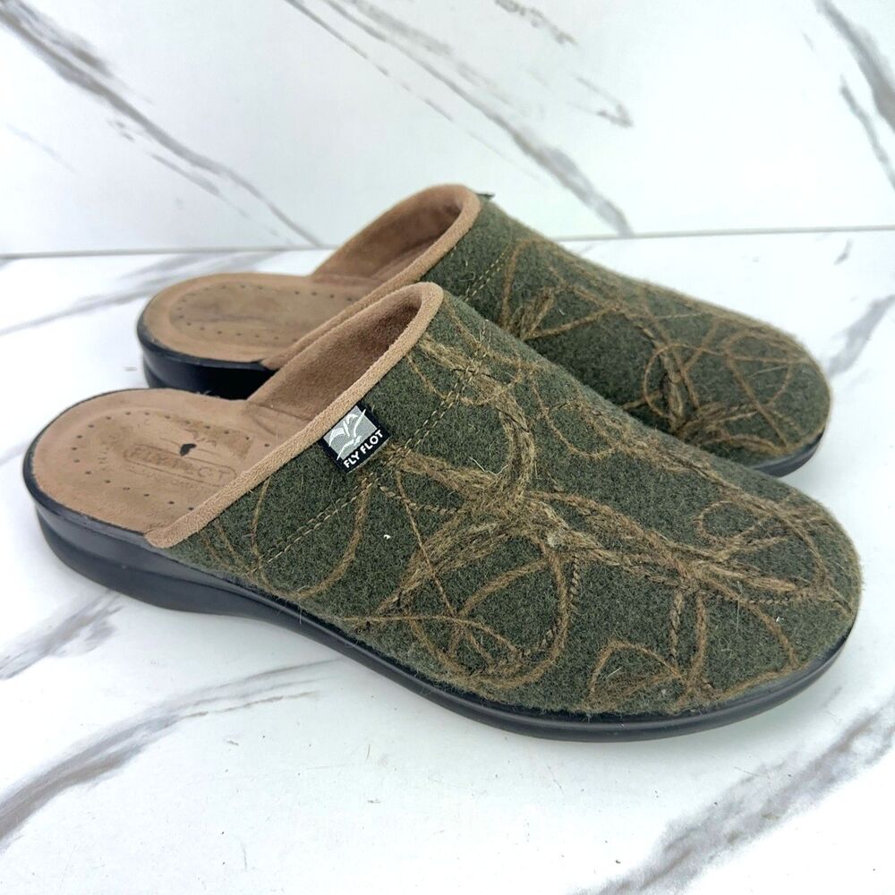 Fly Flot Green Gold Robes Wool Slip-on Clogs Mules US 11 Womens EUR 42
